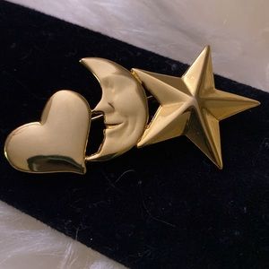 Vintage 80’s Heart, Moon, Star Gold Tone Brooch